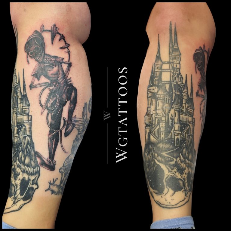 Black and grey tattoo by Wayne Goodwin