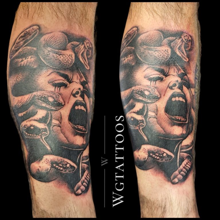 Black and grey tattoo by Wayne Goodwin