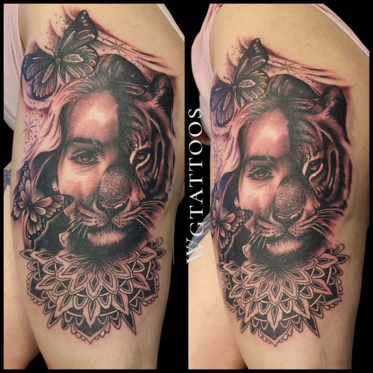 Black and grey tattoo by Wayne Goodwin
